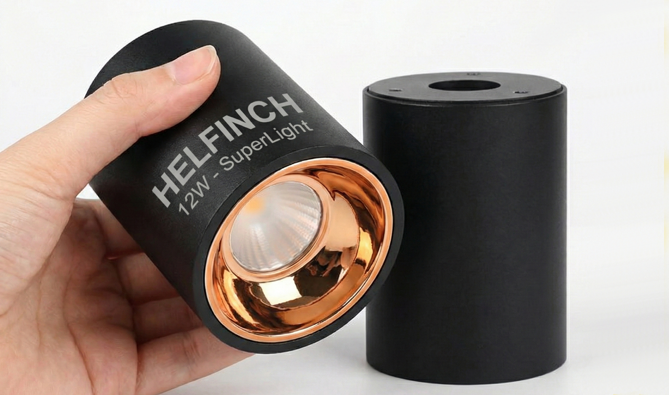 12W Black Metal Surface Cob with golden reflector. Helfinch SuperLight with superbulb technology of over 150 lumens per watt. Helfinch Shop Ecommerce buy Direct. LED Bulb Panel Light, Inverter emergency bulb, solar panel, solar street light, charging cable, usb type c, germany german lighting